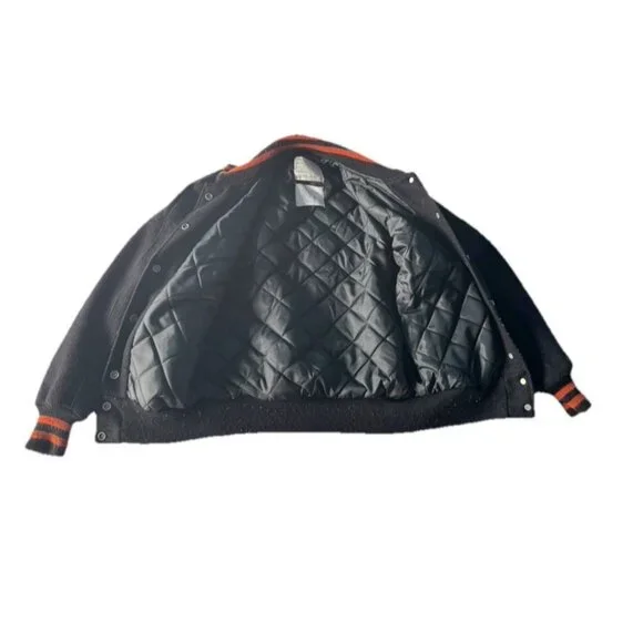 Vintage 90s DeLong Woman's Sz 36 (S) Varsity Bomber Jacket Black Orange Wool USA